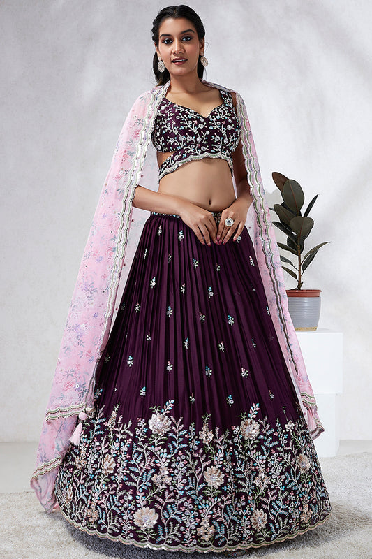 Burgundy Sequins Work Designs Wedding Wear Lehenga And Enigmatic Blouse
