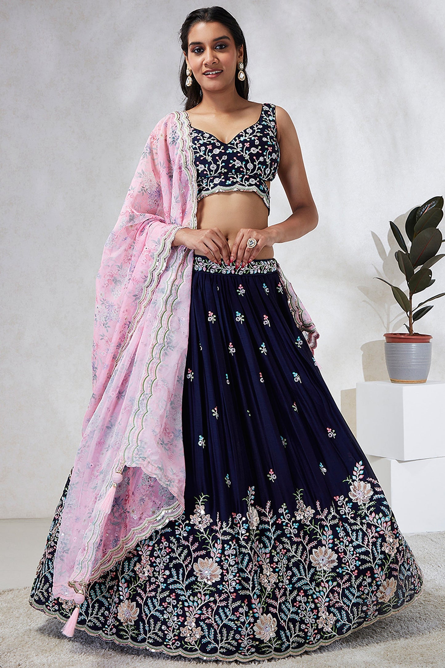 Sequins Work Occasion Wear Lehenga Choli In Navy Blue Georgette Fabric