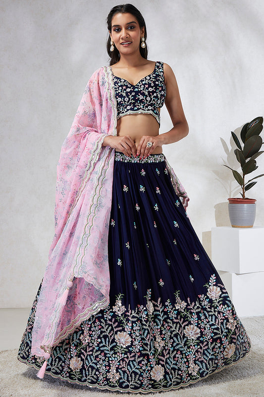 Sequins Work Occasion Wear Lehenga Choli In Navy Blue Georgette Fabric