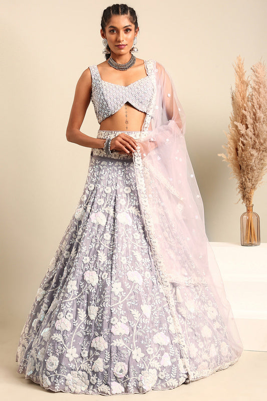 Georgette Fabric Function Wear Sequins Work Lehenga Choli In Lavender Color