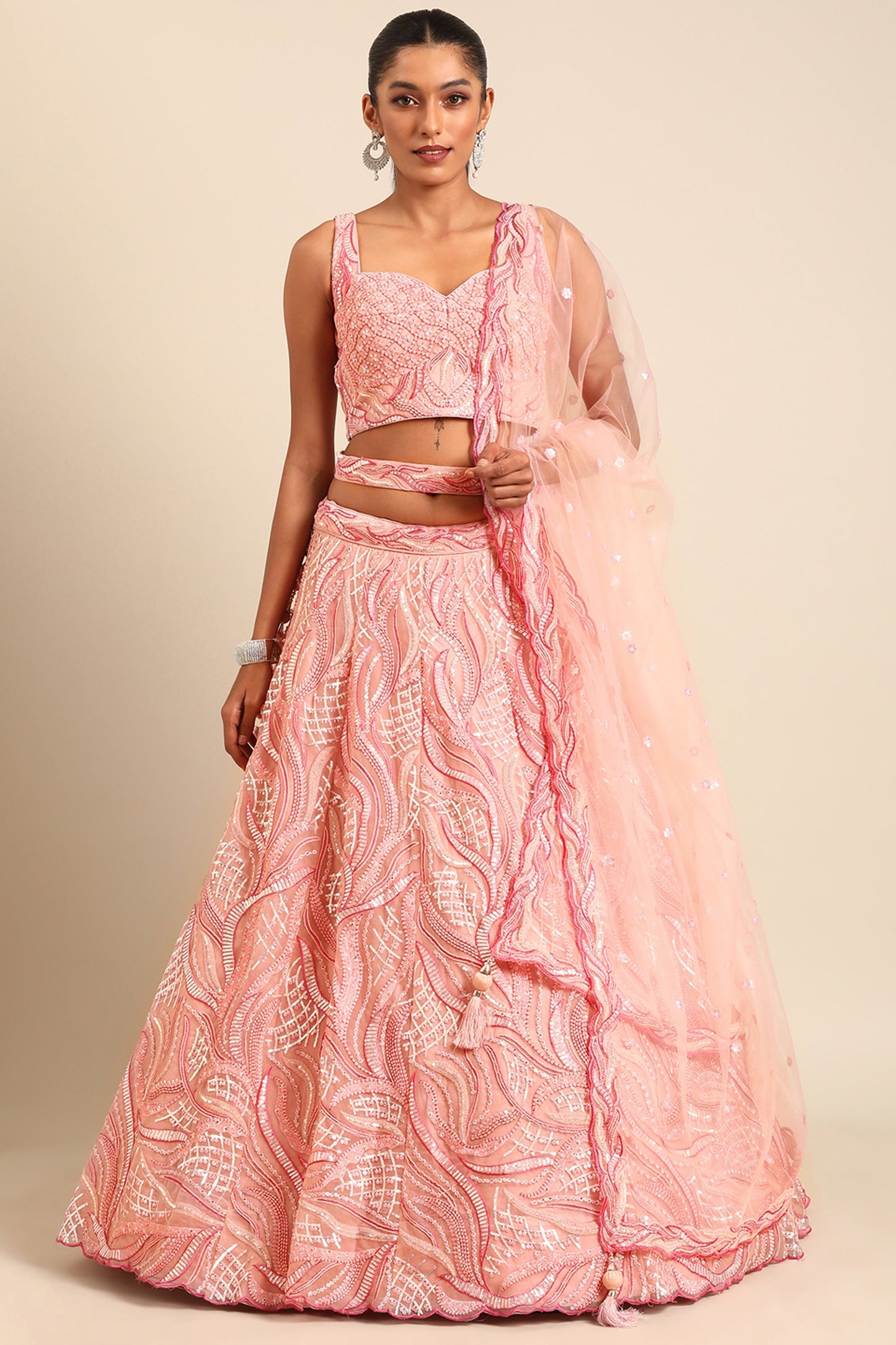 Net Fabric Pink Designer 3 Piece Sequins Work Lehenga Choli