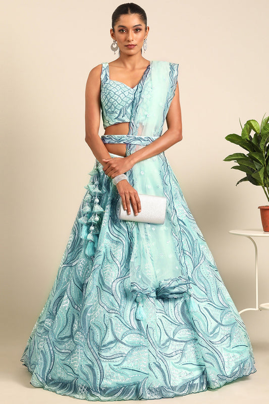 Light Cyan Color Sangeet Wear Designer Sequins Work Net Fabric Lehenga Choli