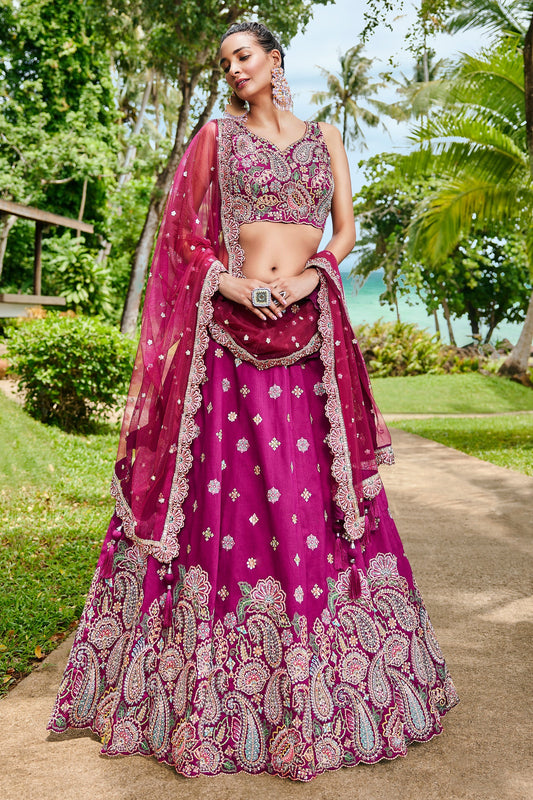 Magenta Color Satin Fabric Sequins Embroidery Lehenga Choli