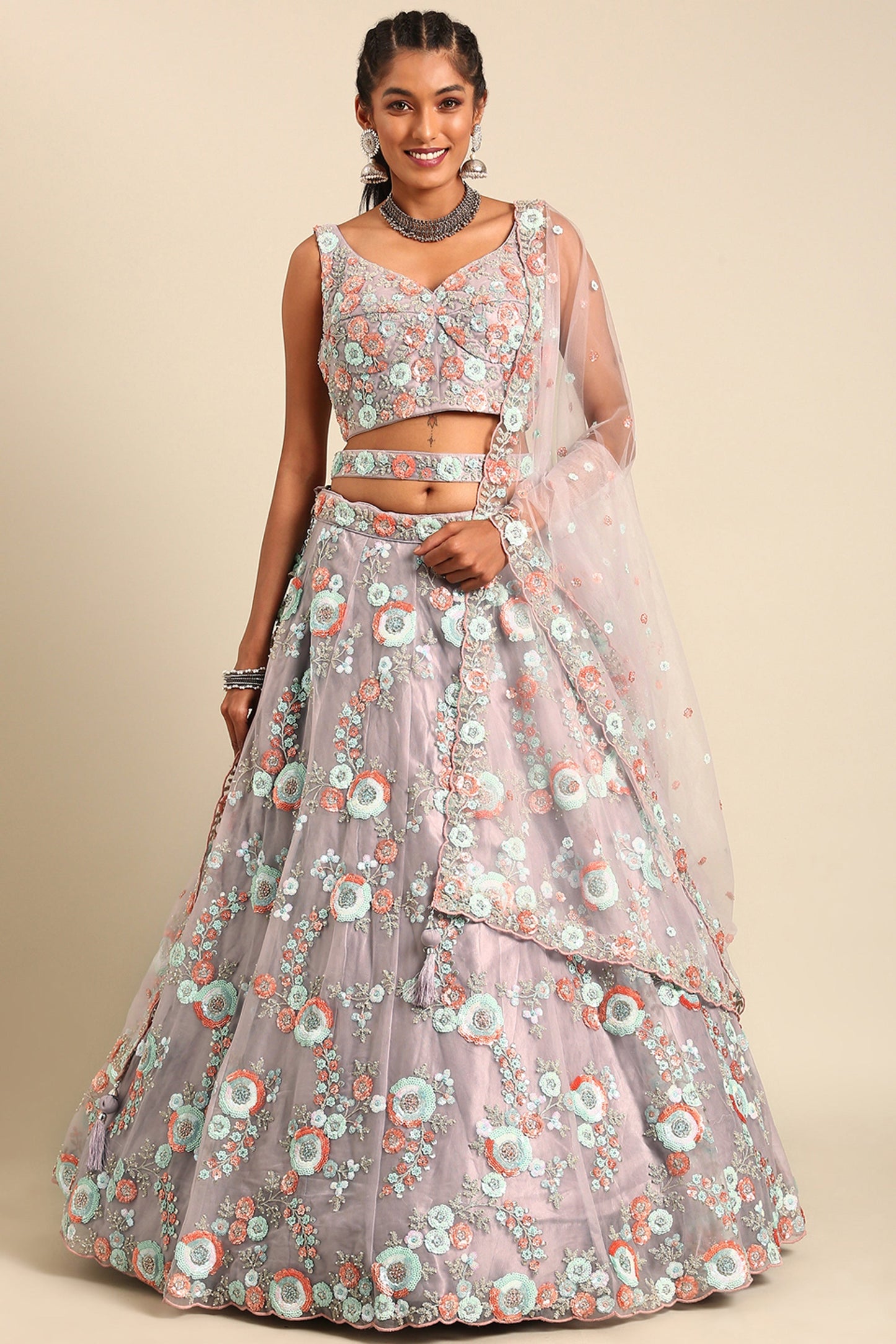 Sequins Work Occasion Wear Lehenga Choli In Lavender Net Fabric