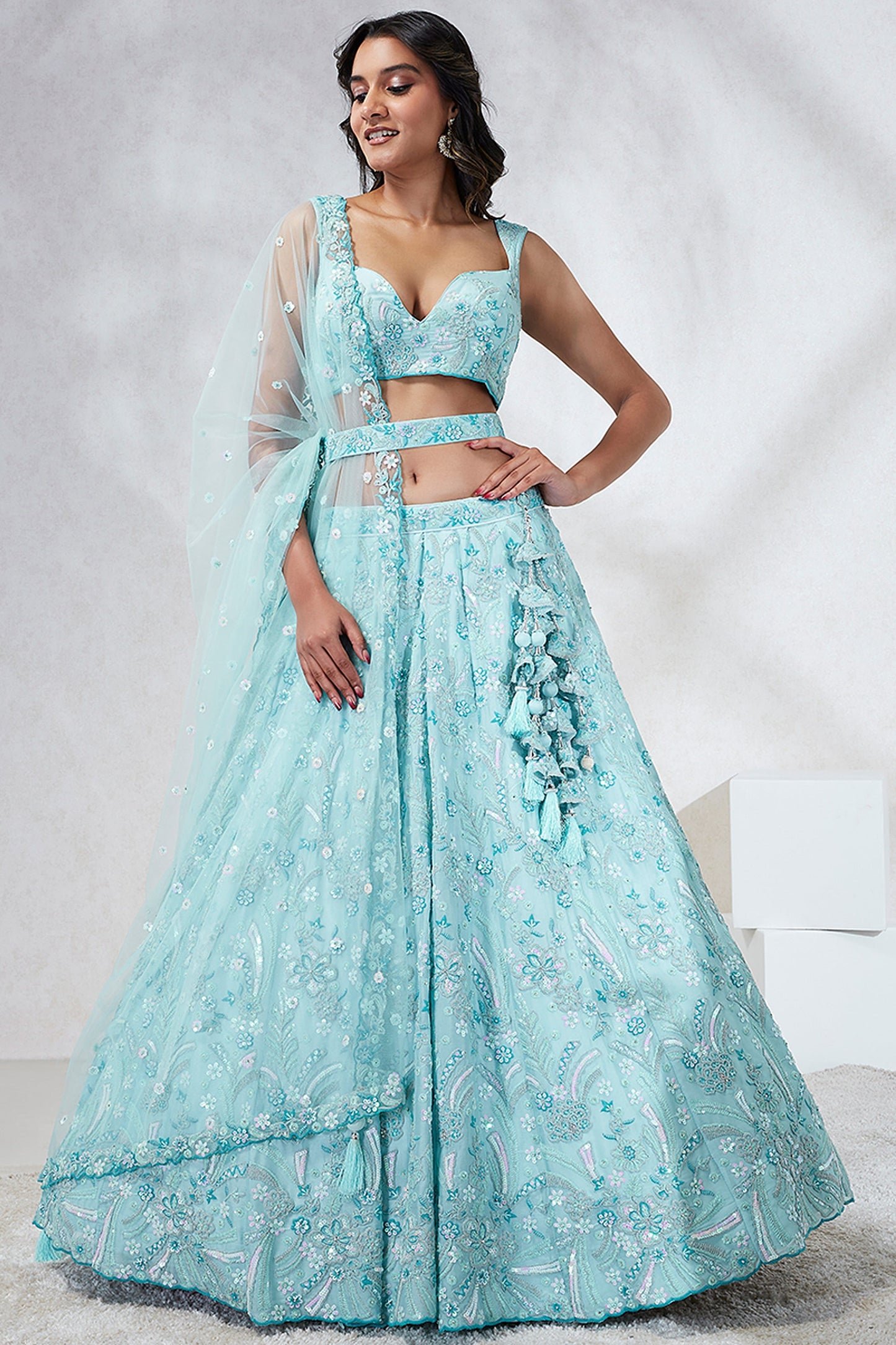 Occasion Wear Sequins Work Lehenga Choli In Light Cyan Georgette Fabric