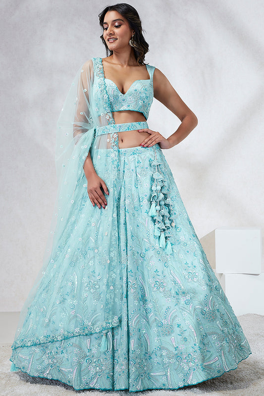 Occasion Wear Sequins Work Lehenga Choli In Light Cyan Georgette Fabric