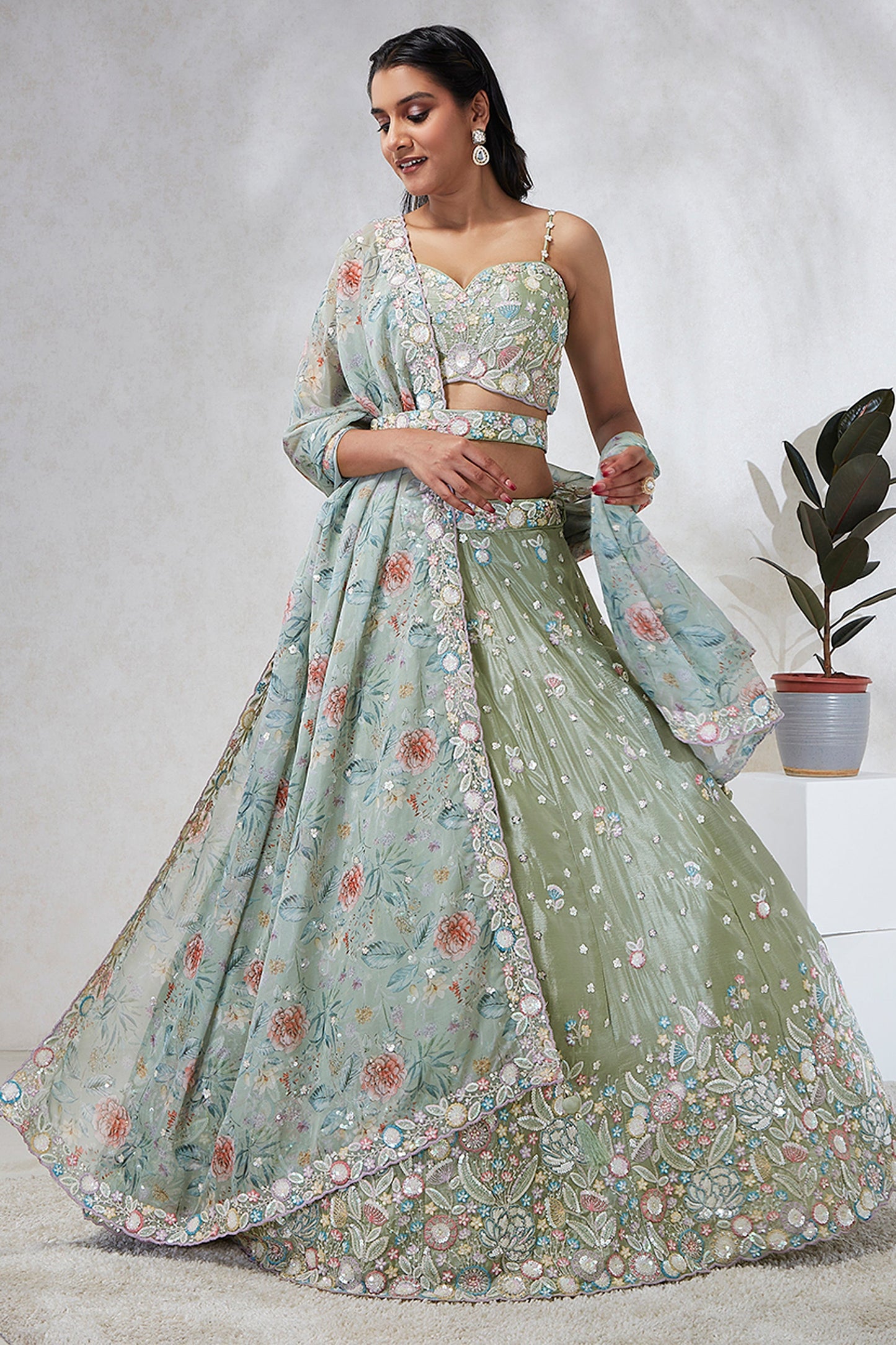 Sea Green Sequins Work Chiffon Silk Fabric Lehenga Choli