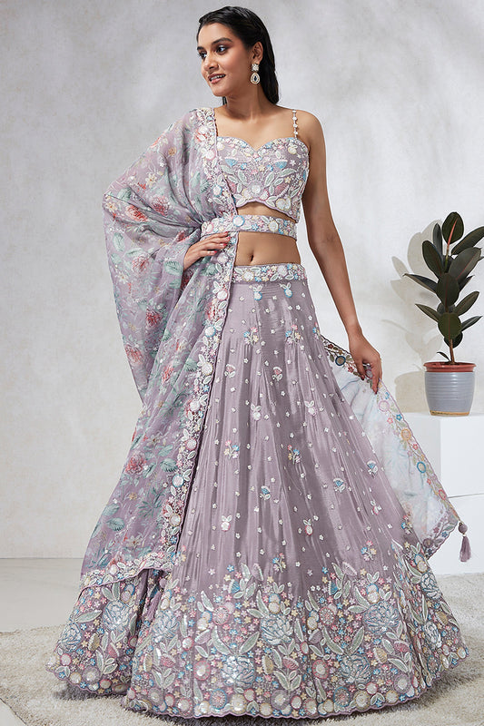 Sequins Work Lavender Chiffon Silk Fabric Occasion Wear Lehenga Choli