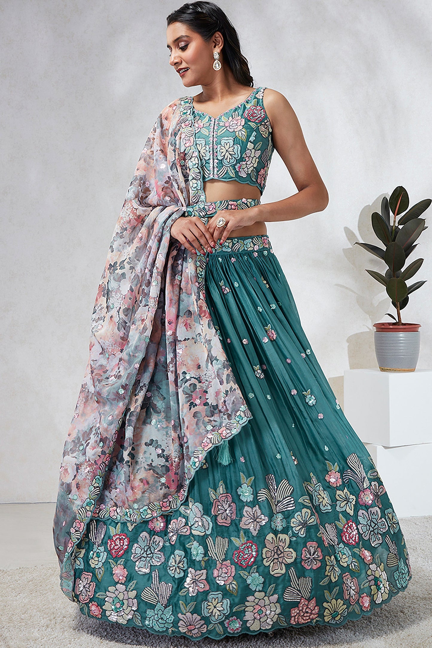 Sequins Work Occasion Wear Lehenga Choli In Teal Georgette Fabric