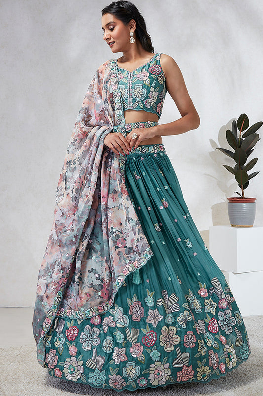 Sequins Work Occasion Wear Lehenga Choli In Teal Georgette Fabric