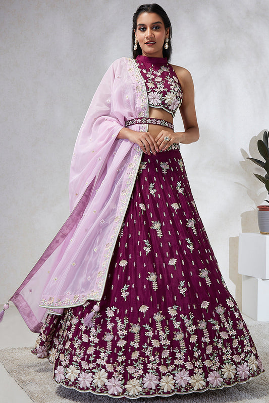 Burgundy Designer Sequins Work Lehenga Choli In Georgette Fabric