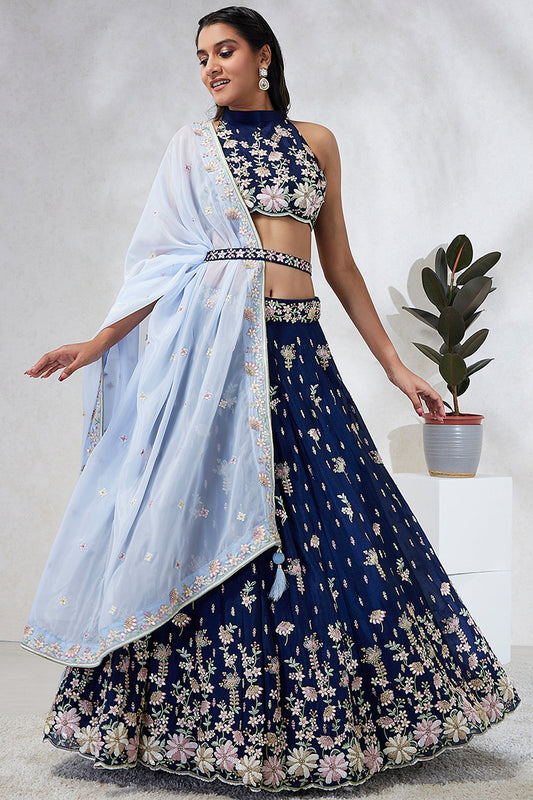 Navy Blue Georgette Sangeet Wear Sequins Work Chaniya Choli