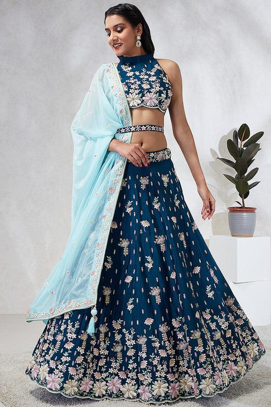 Occasion Wear Teal Sequins Work Lehenga In Georgette Fabric With Designer Blouse