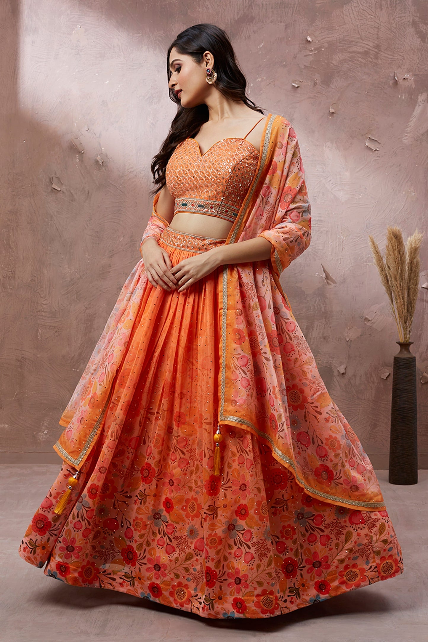 Orange Color Printed Occasion Wear Lehenga Choli In Organza Fabric