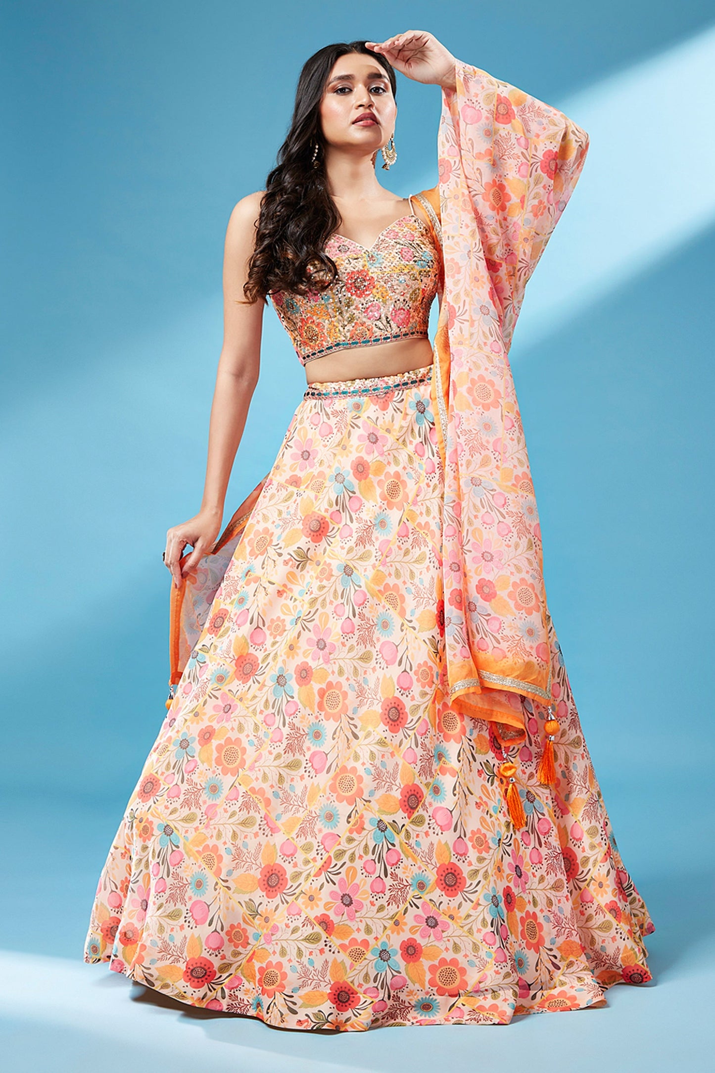 Printed Peach Color Organza Fabric Sangeet Wear Lehenga Choli