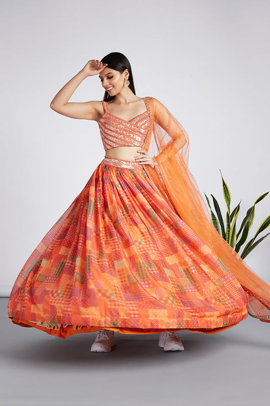 Organza Fabric Orange Color Designer 3 Piece Lehenga Choli With Printed Designs