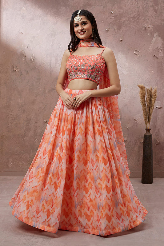 Peach Color Printed Organza Fabric Reception Wear Lehenga With Enchanting Blouse