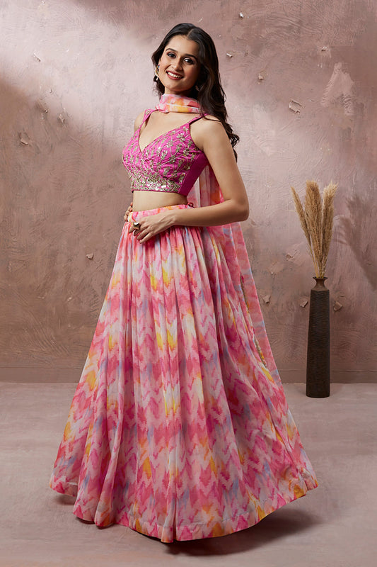 Printed On Pink Color Organza Fabric Occasion Wear Lehenga Choli