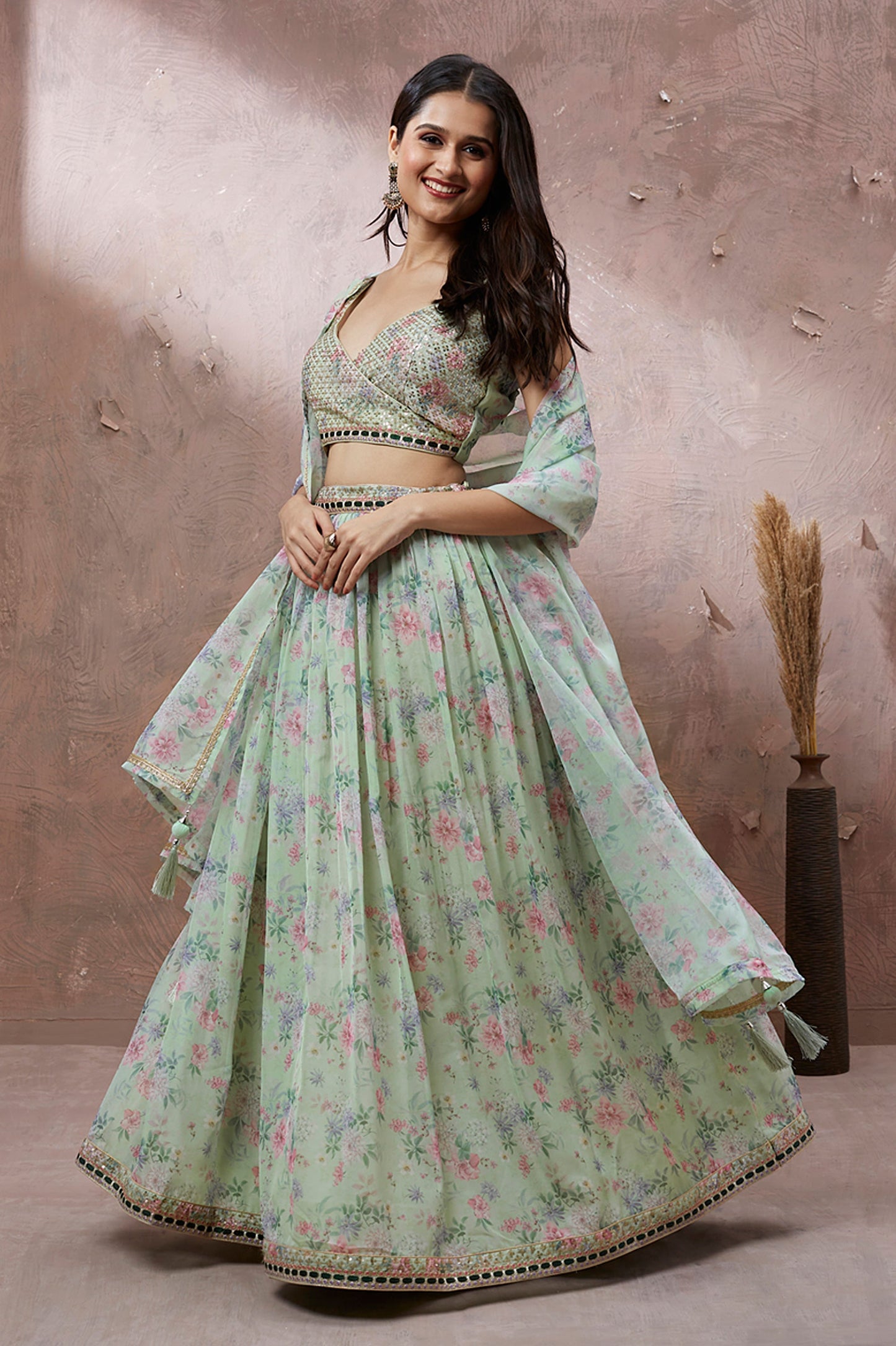 Printed Designs On Organza Fabric Sea Green Color Weding Wear Lehenga Choli