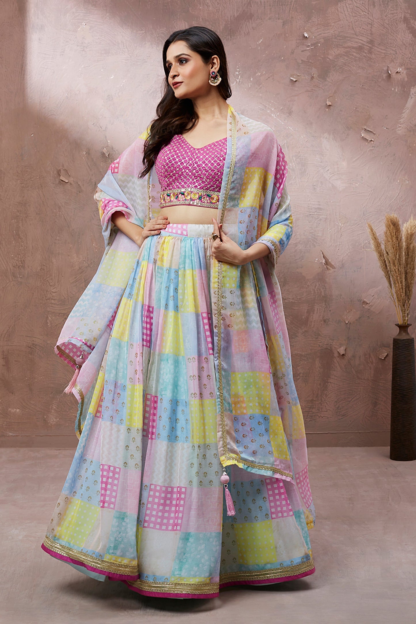 Organza Fabric Printed Multi Color Occasion Wear Lehenga Choli