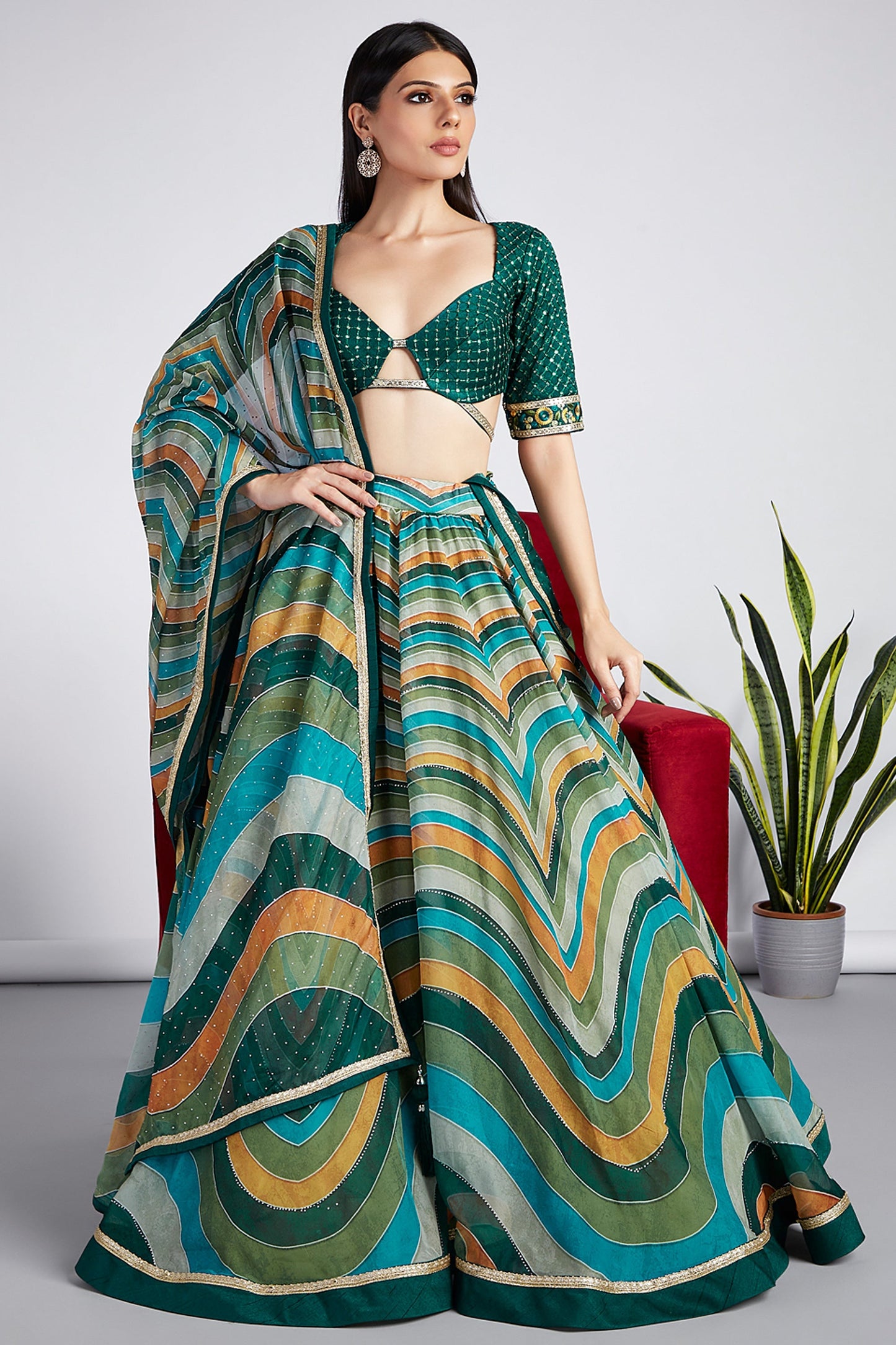 Green Organza Siroski Stone Work Leheriya Print Lehenga Choli