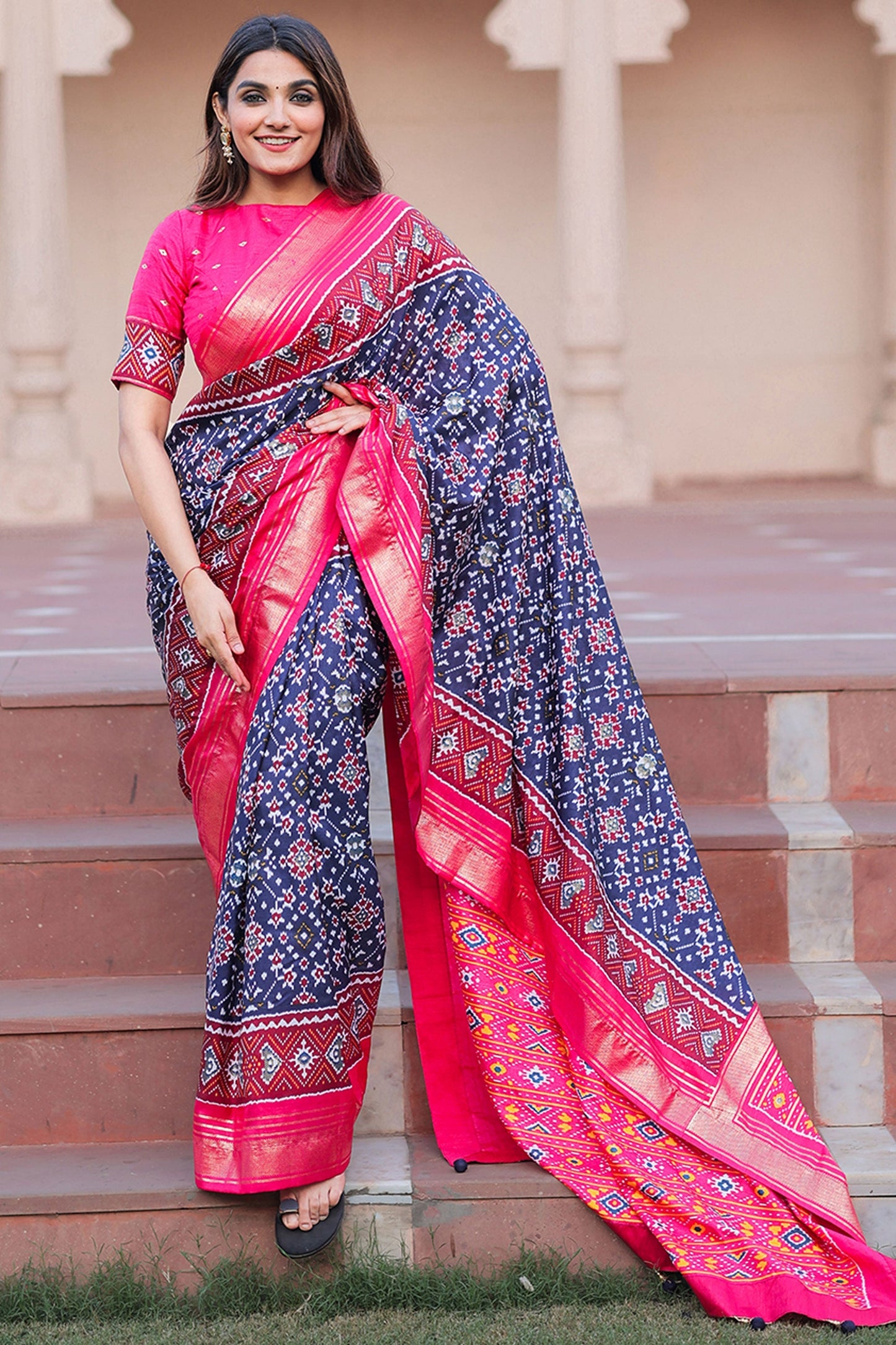 Dola Silk Printed Patola Design Saree In Navy Blue Color