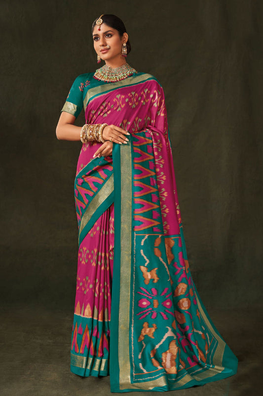 Printed Work On Rani Color Sober Saree In Art Silk Fabric