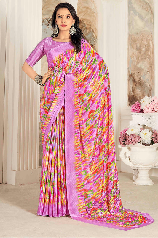 Tempting Crepe Silk Fabric Pink Color Saree With Printed Work