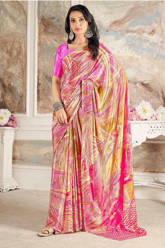 Multi Color Printed Work On Crepe Silk Fabric Chic Saree