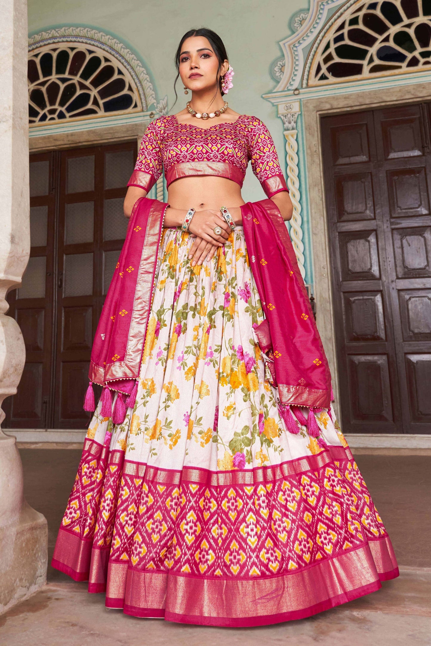 Trendy Multi Color Art Silk Lehenga Choli With Floral And Patola Printed Work
