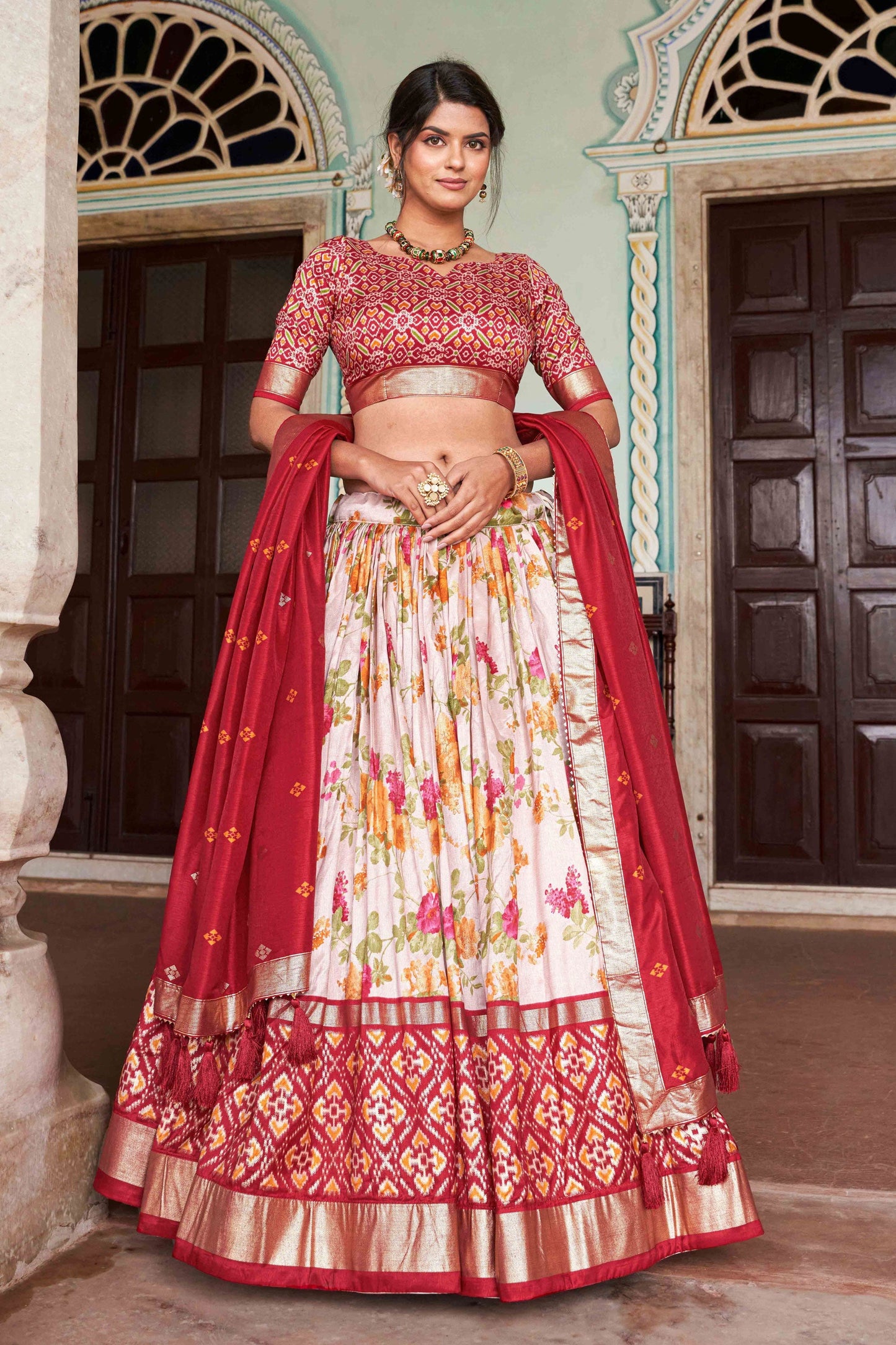 Multi Color Floral And Patola Printed Art Silk Fabric Chic Lehenga Choli