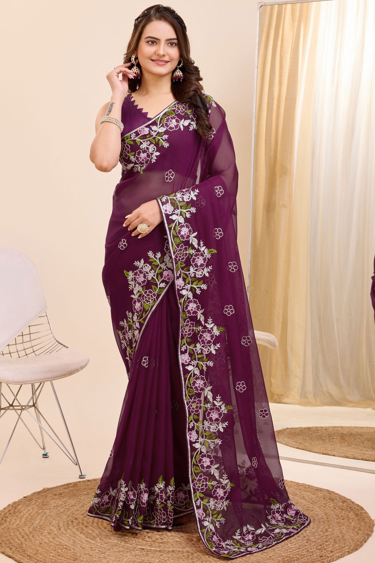 Wine Color Embroidered Work Pleasant Festive Wear Art Silk Saree