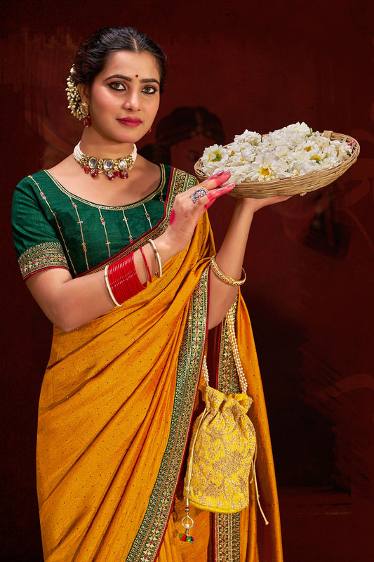 Mustard Color Charismatic Border Work Fancy Fabric Saree