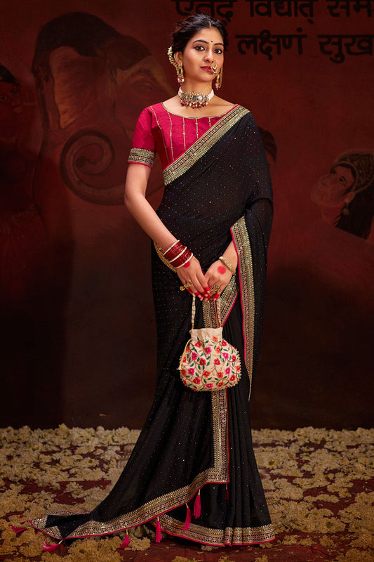 Ingenious Border Work Black Color Fancy Fabric Saree