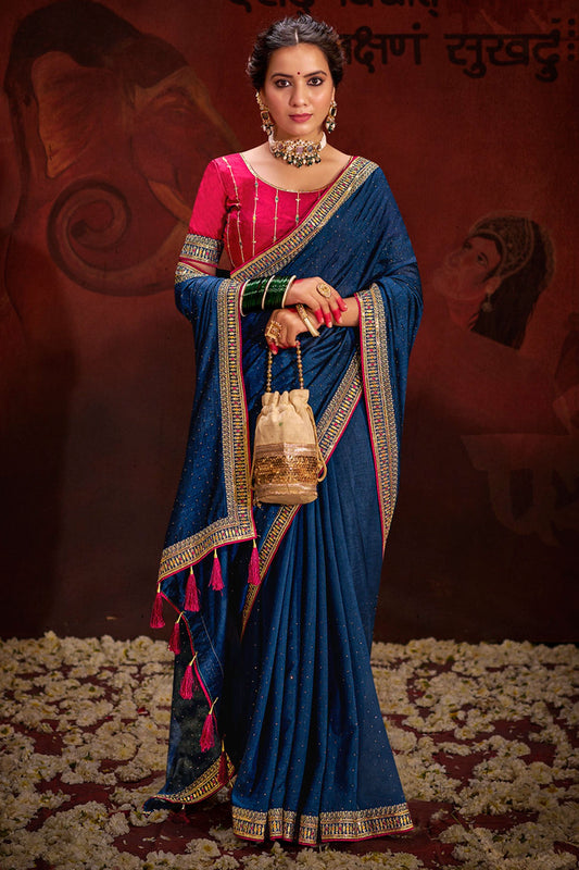 Phenomenal Border Work Teal Color Fancy Fabric Saree