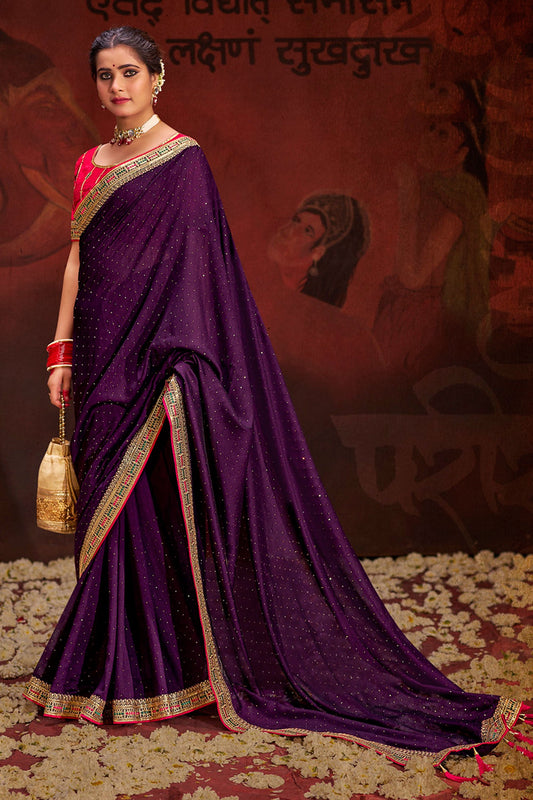 Glorious Border Work Fancy Fabric Purple Color Saree