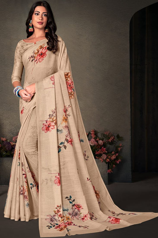 Daily Wear Cream Color Phenomenal Digital Printed Work Saree In Cotton Linen Fabric