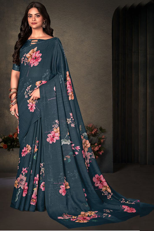 Winsome Daily Wear Teal Digital Printed Work Saree In Cotton Linen Fabric
