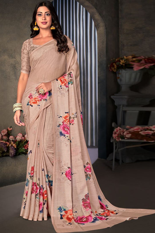 Casual Wear Peach Color Cotton Linen Fabric Regal Digital Printed Work Saree