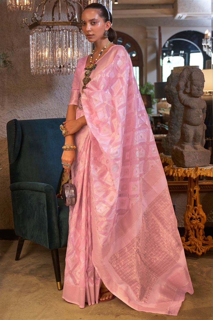 हॉट पिंक हैंडलूम बुनी हुई लिनन क्लासिक साड़ी