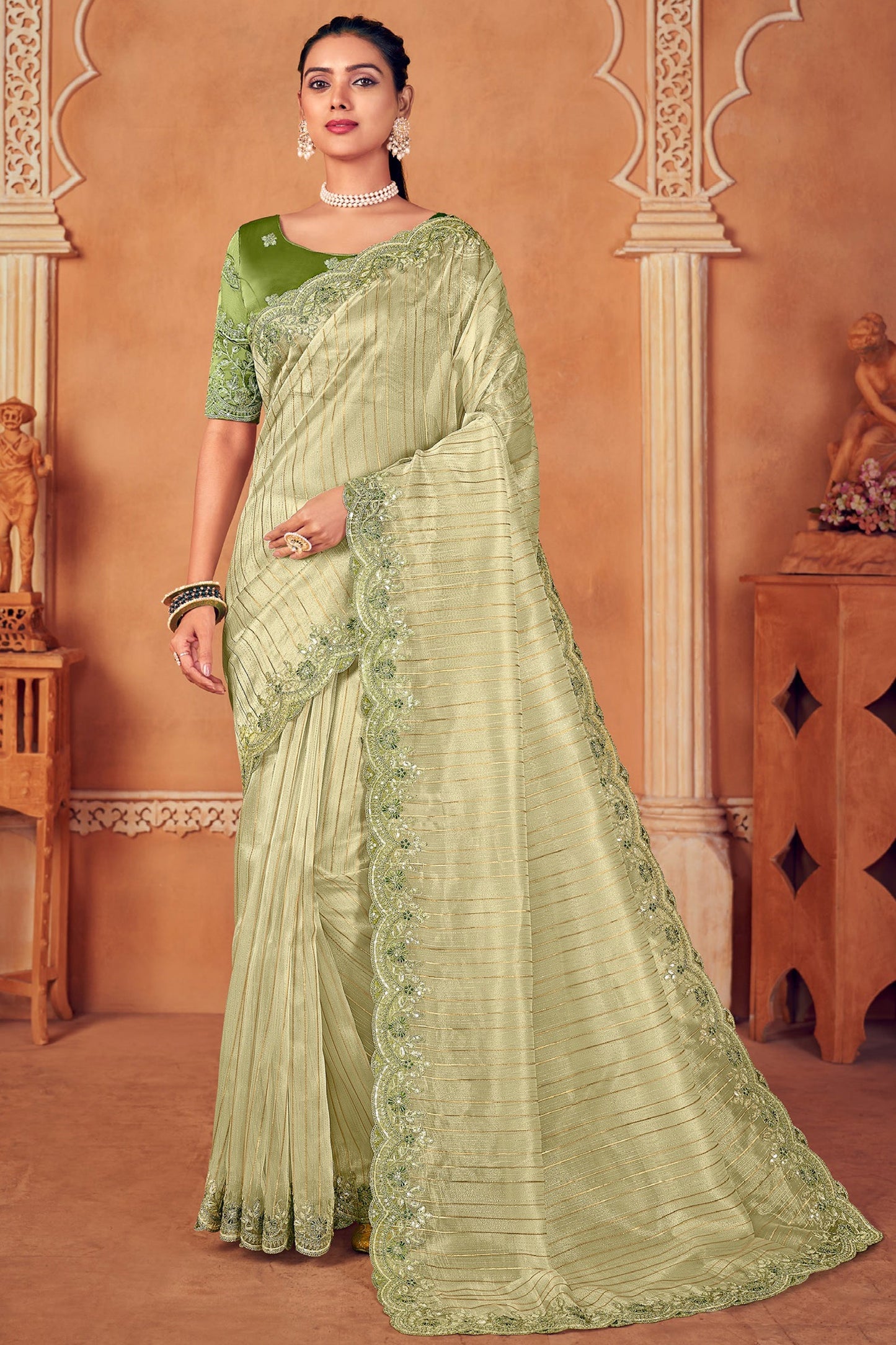Green Color Pleasant Border Work Organza Saree