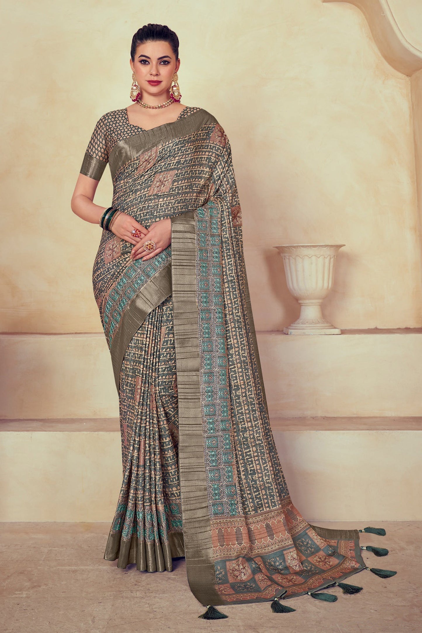 Printed Dola Silk Multi Color Festive Wear Saree With Blouse