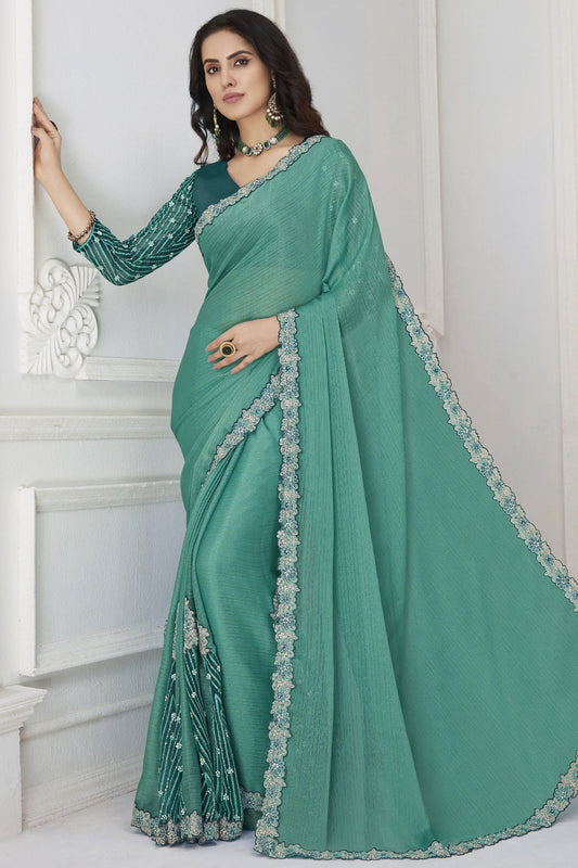 Chiffon Fabric Sea Green Color Pleasance Saree With Embroidered Work