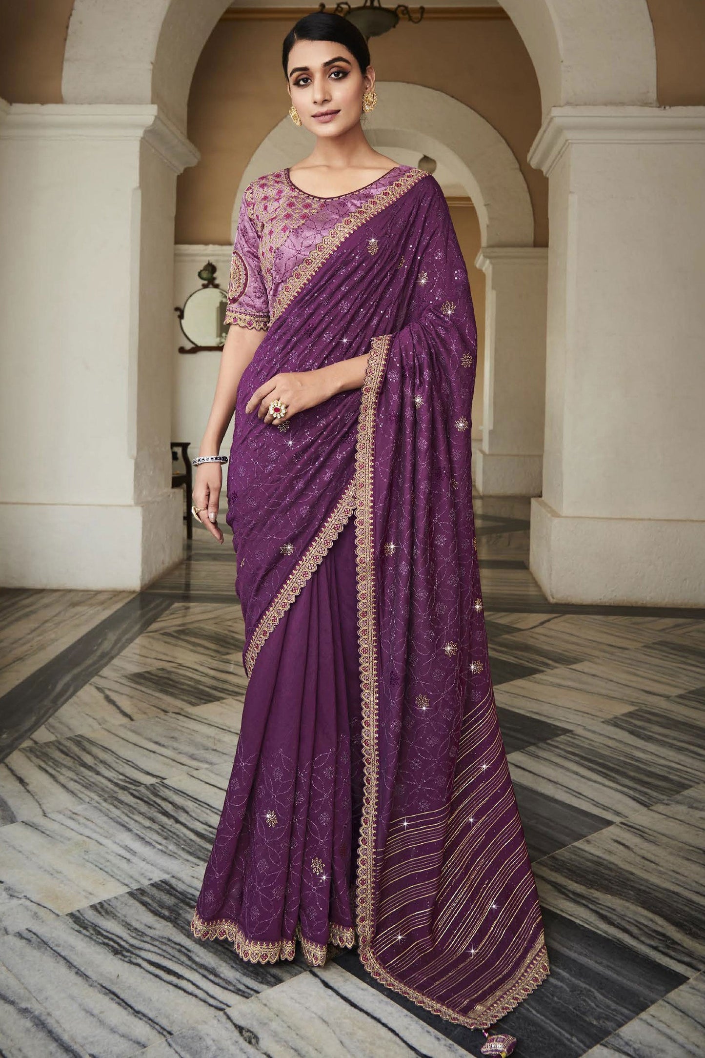 Purple Color Silk Fabric Festive Wear Saree With Embroidered Designer Blouse