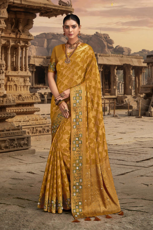 Mesmeric Mustard Color Border Work Saree In Chiffon Fabric