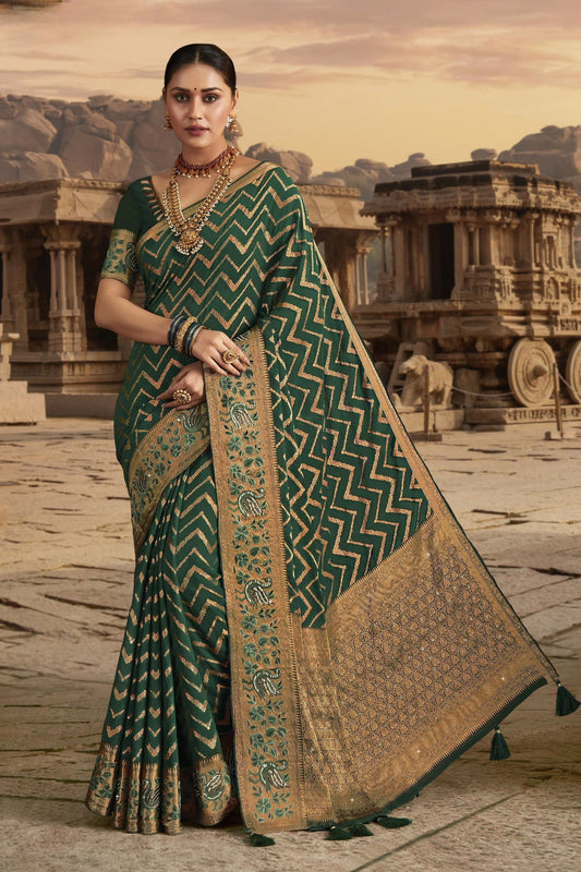 Radiant Border Work On Dark Green Color Chiffon Fabric Saree