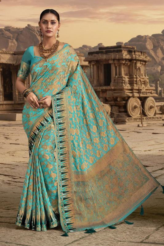 Cyan Color Border Work On Chiffon Fabric Beatific Saree