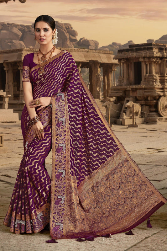 Beguiling Border Work On Purple Color Chiffon Fabric Saree