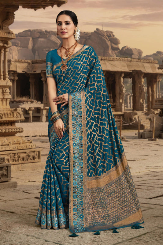 Incredible Border Work On Chiffon Fabric Teal Color Saree