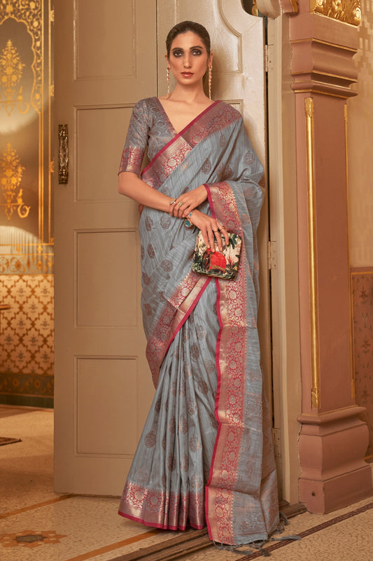 Imposing Grey Color Handloom Weaving Silk Saree